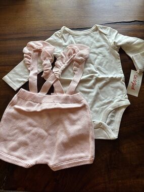 Cat & Jack Pink Knit Suspender Shorts with Cream Bodysuit